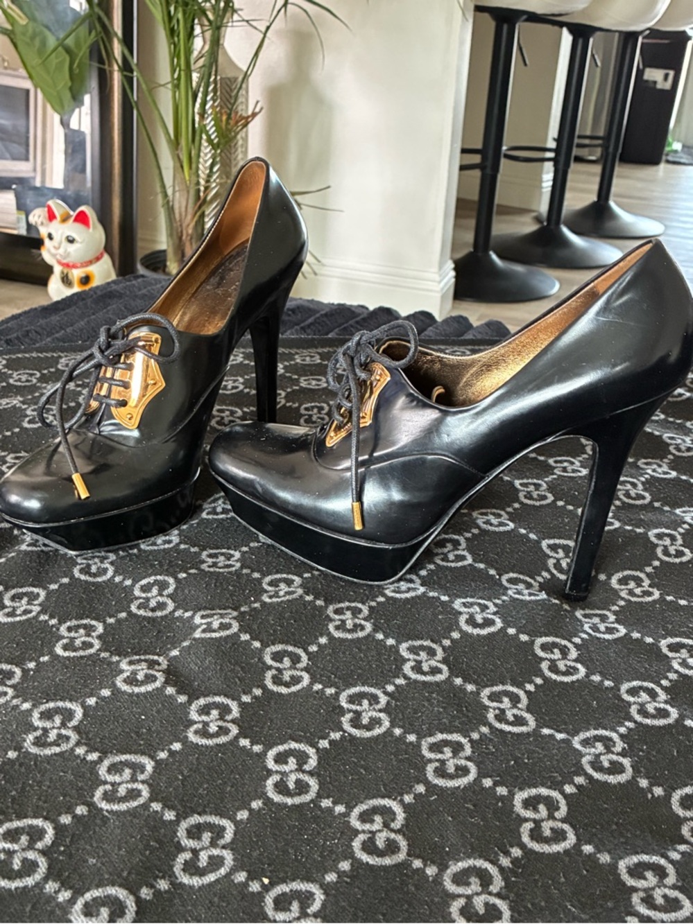 Gucci Black Patent Leather Platform Lace-Up Heels with Gold Hardware